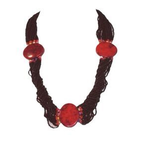 Vintage Beaded Statement Necklace Red Black Tribal Seed Beads Chunky Plastic Sto